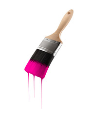 Paintbrush loaded with pink color dripping off the bristles. Isolated on white background.