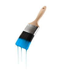 Paintbrush loaded with blue sky color dripping off the bristles. Isolated on white background.