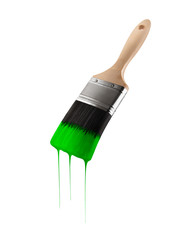 Paintbrush loaded with green color dripping off the bristles. Isolated on white background.