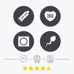Safe sex love icons. Condom in package symbols.