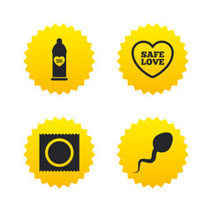 Safe sex love icons. Condom in package symbols.