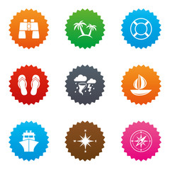 Cruise trip, ship and yacht icons. Travel signs.