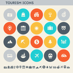 Tourism icon set. Multicolored flat buttons