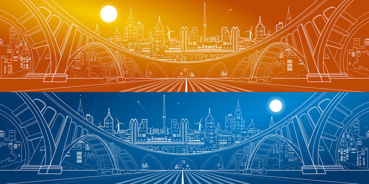 Big bridge, amazing panorama city, day and night town. Architecture and infrastructure illustration. White lines landscape, vector design art, day and night