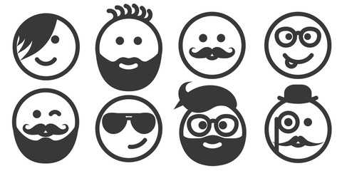Set of outline hipster emoticons, emoji isolated on white background, vector illustration
