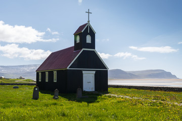 Fototapeta premium Black church Saurbaer. at Raudasandur at the west-fjords Iceland
