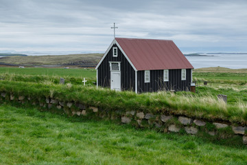 Fototapeta na wymiar An old wooden church at Bjarnarrhofn Church at Iceland