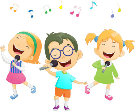 Happy cartoon boys and girls singing