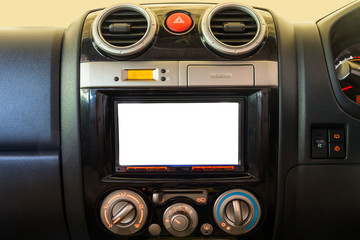 Fototapeta premium Interior detail of modern luxury car dashboard with big display and alarm button and air conditioner switch button. Screen multimedia system