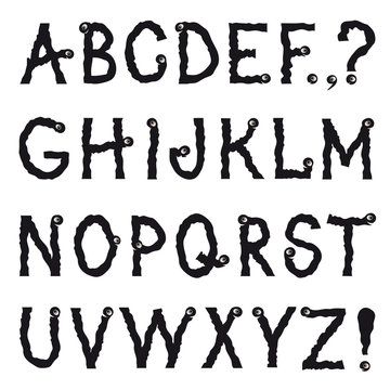 Alphabet. Grunge line drawing decorative font. Hipsters latin letter characters alphabet set. Cartoon fictional animal shakily crawling line drawing