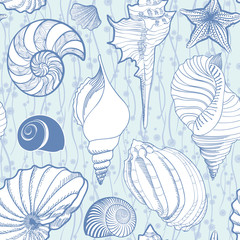 Seashell seamless pattern. Summer holiday marine background. Underwater ornamental textured sketching wallpaper with sea shells, sea star and sand.