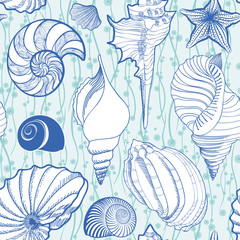Seashell seamless pattern. Summer holiday marine background. Underwater ornamental textured sketching wallpaper with sea shells, sea star and sand.