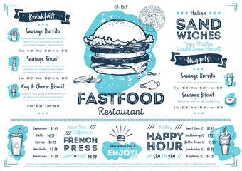 Restaurant fast food cafe menu template flyer vintage design vector illustration