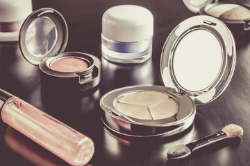 Woman Cosmetic Foundation and Eyeshadow and Lip Gloss and Brush