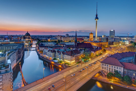 The Berlin skyline with the famous TV Tower at the blue hour