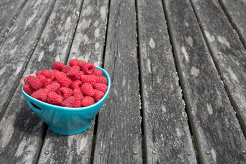 Fresh picked raspberries in a blue bowl sitting on a deck
