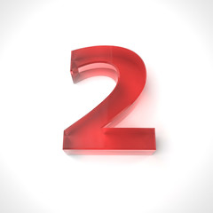 3d red number 2 in glass over white background. 3d render illustration