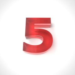 3d red number 5 in glass over white background. 3d render illustration