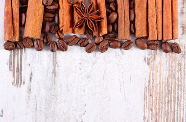 Spices and ingredients for cooking or baking on old wooden surface, copy space for text