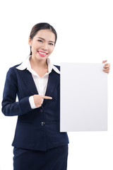 Smiling business woman hold white advertising board. White card.