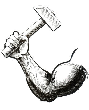 Ink drawing of a hand holding hammer