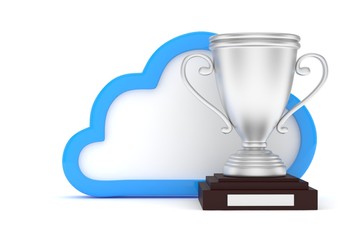 Isoalted silver cup with cloud on white background. Blue contour cloud. Concept of cloud storage competition. Leader cloud drive. Best storage contest. 3D rendering.