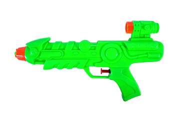 Green plastic water gun isolated on white background