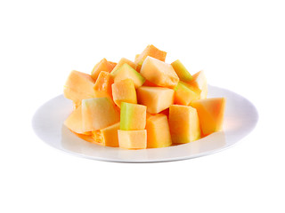 Melon slices in plate  on white background