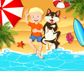 Boy and dog resting on the beach