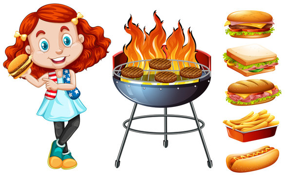 Girl and grill stove with food