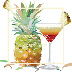 Watercolor Pineapple and Cosmopolitan Cocktail Glass isolated on white background Vector