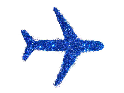 Airplane of blue glitter sparkle on white background