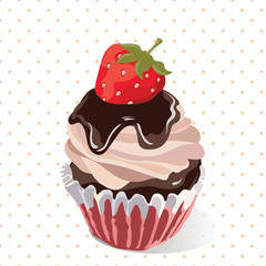 Delicious Strawberry and chocolate Cupcakes on Retro dotted pattern Vector