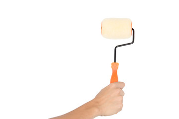 man work hand holding tool painting isolated on white background