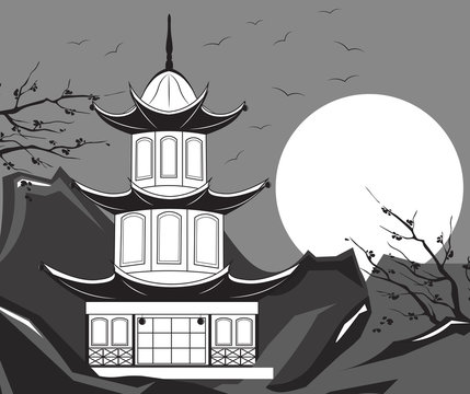 Traditional Japanese Temple Vector. Mountain landscape background in black and white