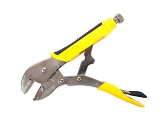 Modern yellow locking pliers opened jaws isolated on white backg