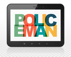 Law concept: Tablet Pc Computer with Policeman on  display