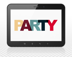Holiday concept: Tablet Pc Computer with Party on  display