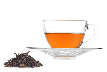 Glass cup of black tea isolated on white background