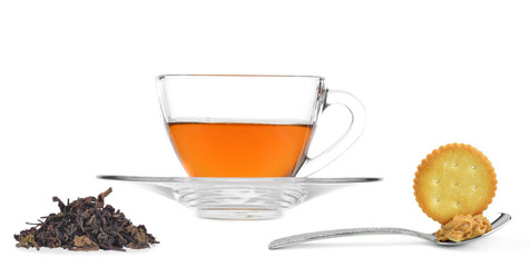 Glass cup of black tea isolated on white background