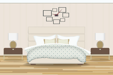 Bedroom Illustration. Elevation Room with Bed, Side Table, Lamp, Window and Curtains. Furniture for Your Interior Design .