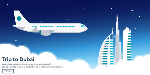 Trip to Dubai, UAE. Tourism. Travelling illustration. Modern flat design. Travel by airplane, vacation, adventure, trip.