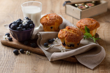 Homemade blueberry muffins with glass of milk