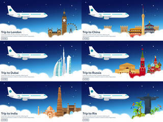 Around the World. Tourism. Set Travelling illustration. Modern flat design. Travel by airplane, vacation, adventure, trip.