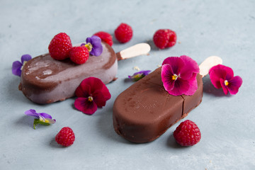 Classic chocolate ice cream with berry on grey  background, selective focus