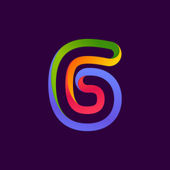 Number six logo formed by colorful neon line.