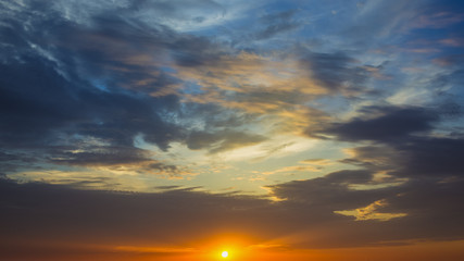 Fototapeta na wymiar The beautiful sunset on the background of cloud stream. Wide angle 