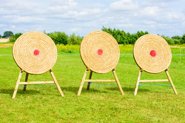 Outdoor archery target made of straw with a red dot as bullseye.