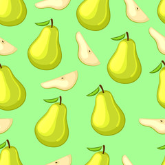 Cartoon pears whole and slices on a green background. Seamless pattern. Vector illustration.