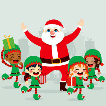 Santa Claus with little helper elves dancing around and preparing gifts to deliver on Christmas day